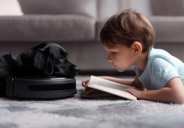 criança debruçada no chão, em um tapete, na frente dele tem um cachorro, e a criança lendo um livro.