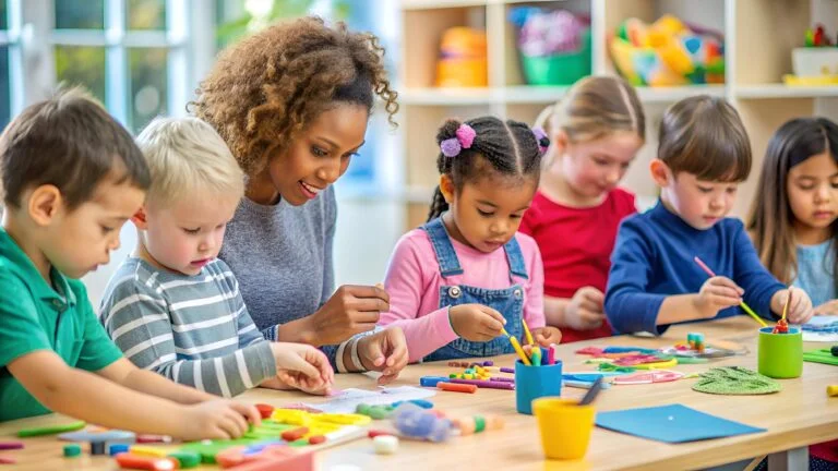 6 criancas( 3 meninos e 3 meninas ) pintando com a professora , em sala de aula