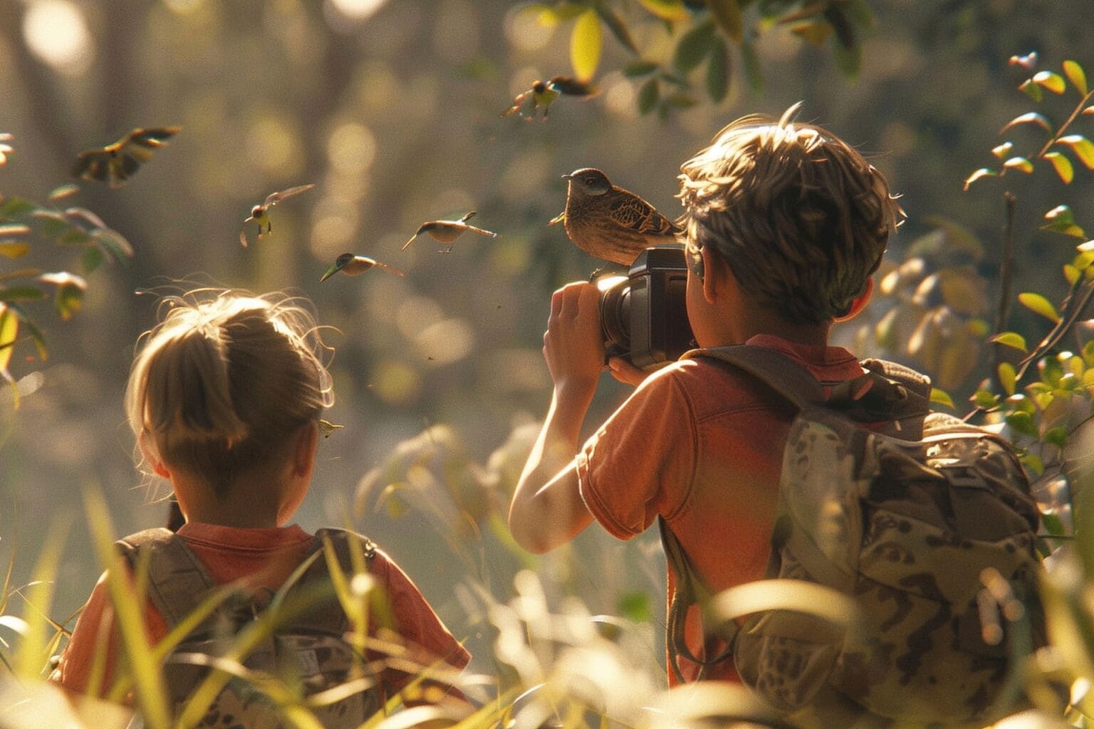 Duas crianças em uma floresta ensolarada, ambas usando mochilas. A criança mais velha segura uma câmera com um pequeno pássaro empoleirado nela, enquanto a criança mais nova observa. Folhas e luz solar salpicada as cercam, capturando um senso de aventura e curiosidade sobre conscientização ambiental infantil.