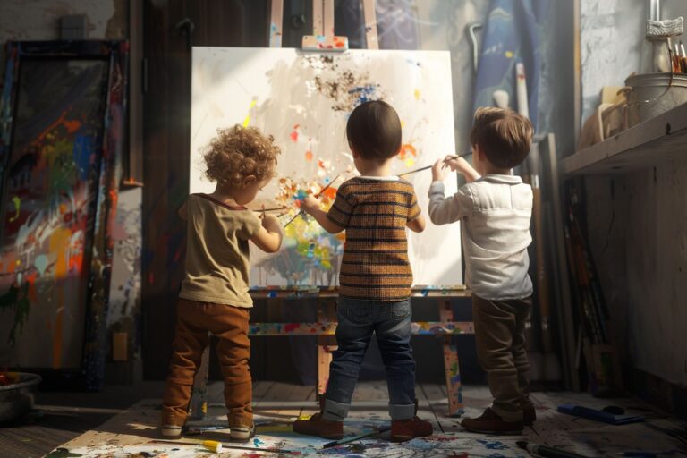 Três crianças pequenas estão de costas para a câmera, pintando energicamente em uma grande tela em um estúdio de arte. A sala celebra a arte infantil com respingos coloridos e materiais. A luz do sol entra, iluminando seu processo criativo e nutrindo dons artísticos em crianças.