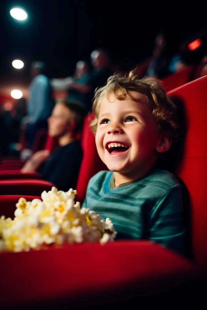 Uma criança pequena com cabelos cacheados está assistindo alegremente a um filme no cinema, praticando aprendizado lúdico. Ela está sentada em um assento vermelho, segurando um pote de pipoca. O fundo mostra outras pessoas desfocadas, criando uma atmosfera animada de cinema, perfeita para o desenvolvimento infantil.
